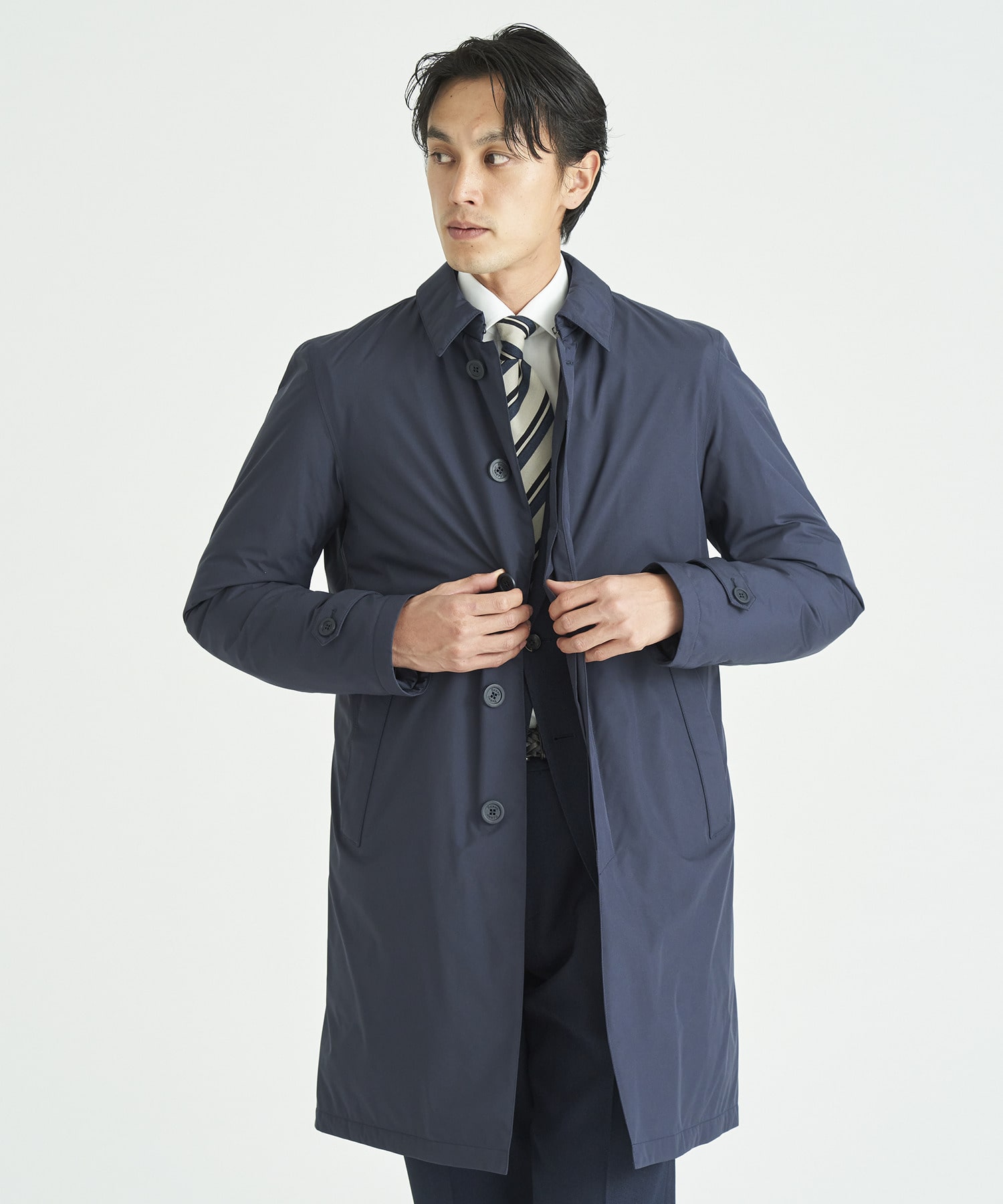 美品】2023S/S HERNO フーデッドステンカラーコート 46 ネイビー-