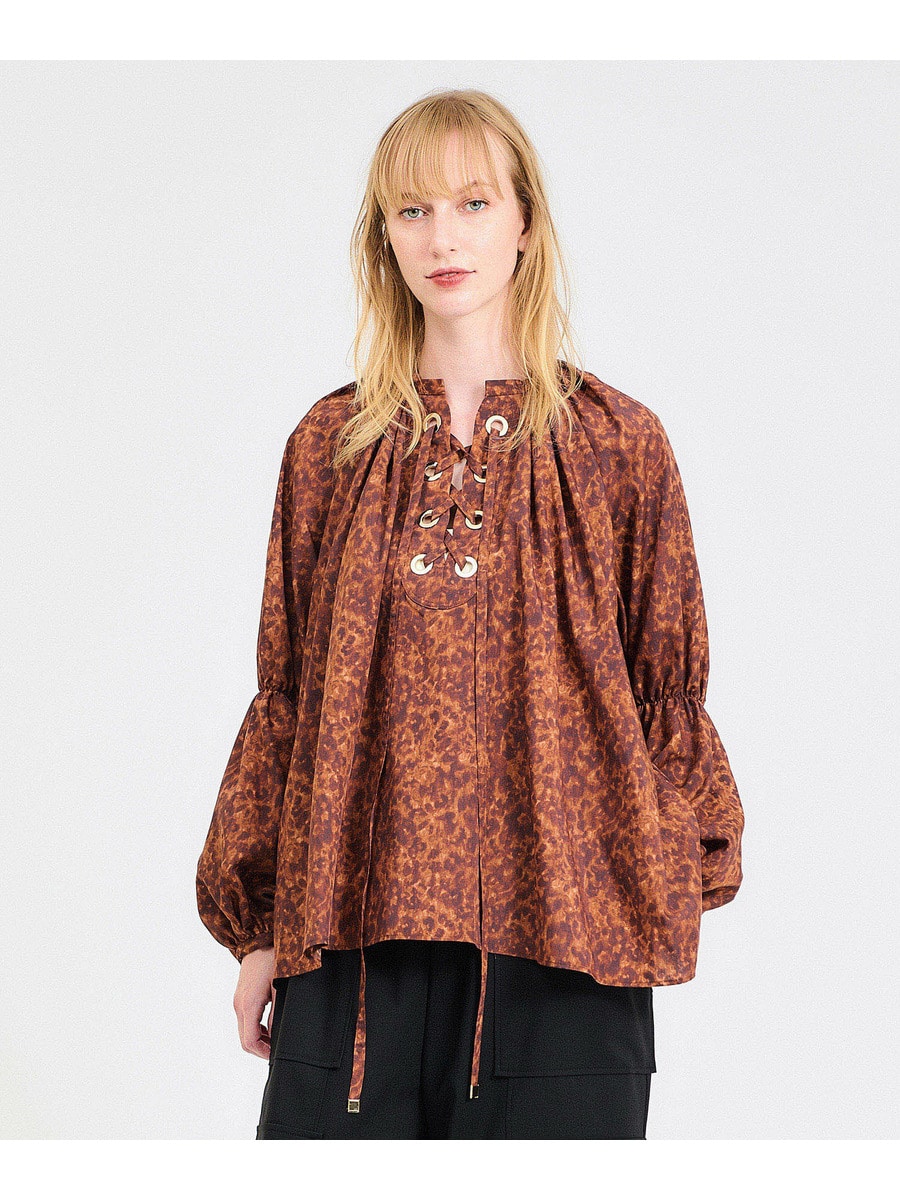 レースアップボリュームプリントブラウス