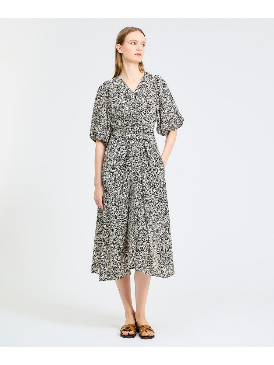 ウエストツイスト ハーフスリーブ フラワープリントワンピース