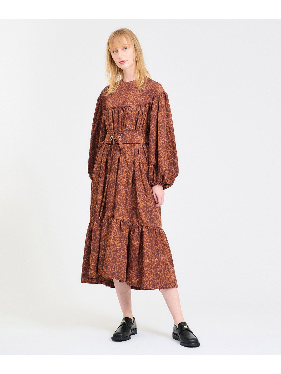 ボリュームギャザープリントロングワンピース