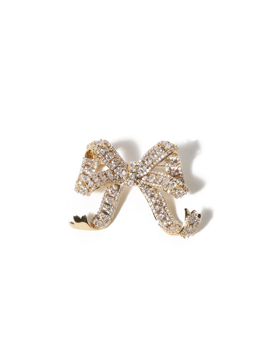 ゴールド クリスタル リボンブローチ