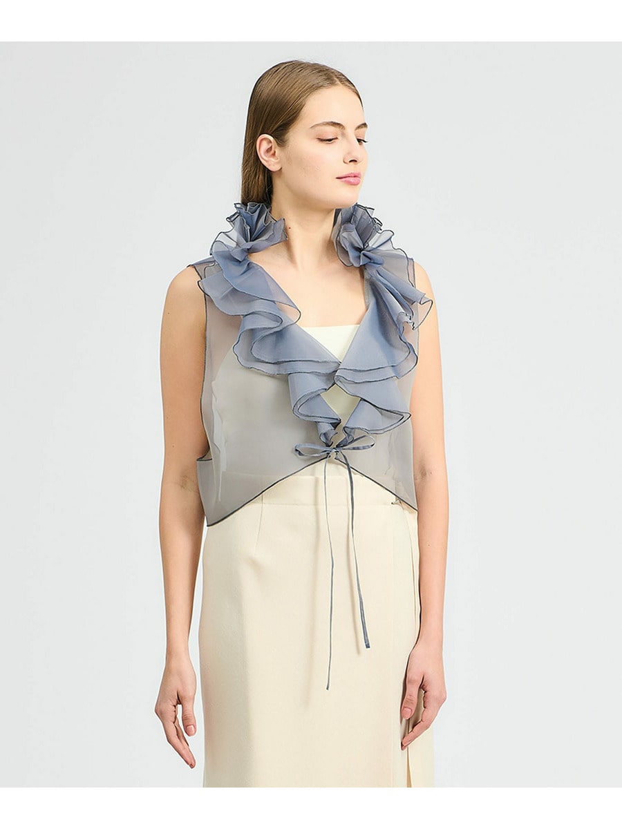 シャンブレー オーガンジー フリル ジレ