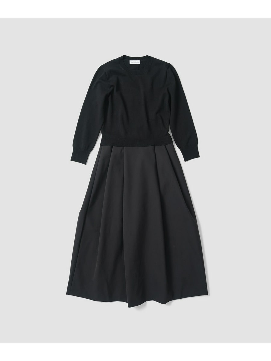 エストネーション コンビニットワンピース ブラック ロング 洗える ESTNATION / タックスカート コンビ ニットワンピース
