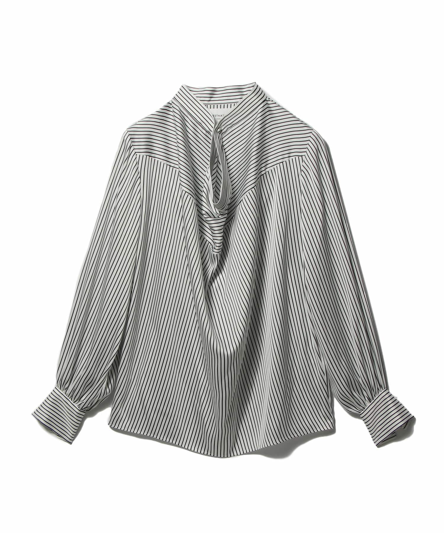 サテンストライプ ネックドレープブラウス