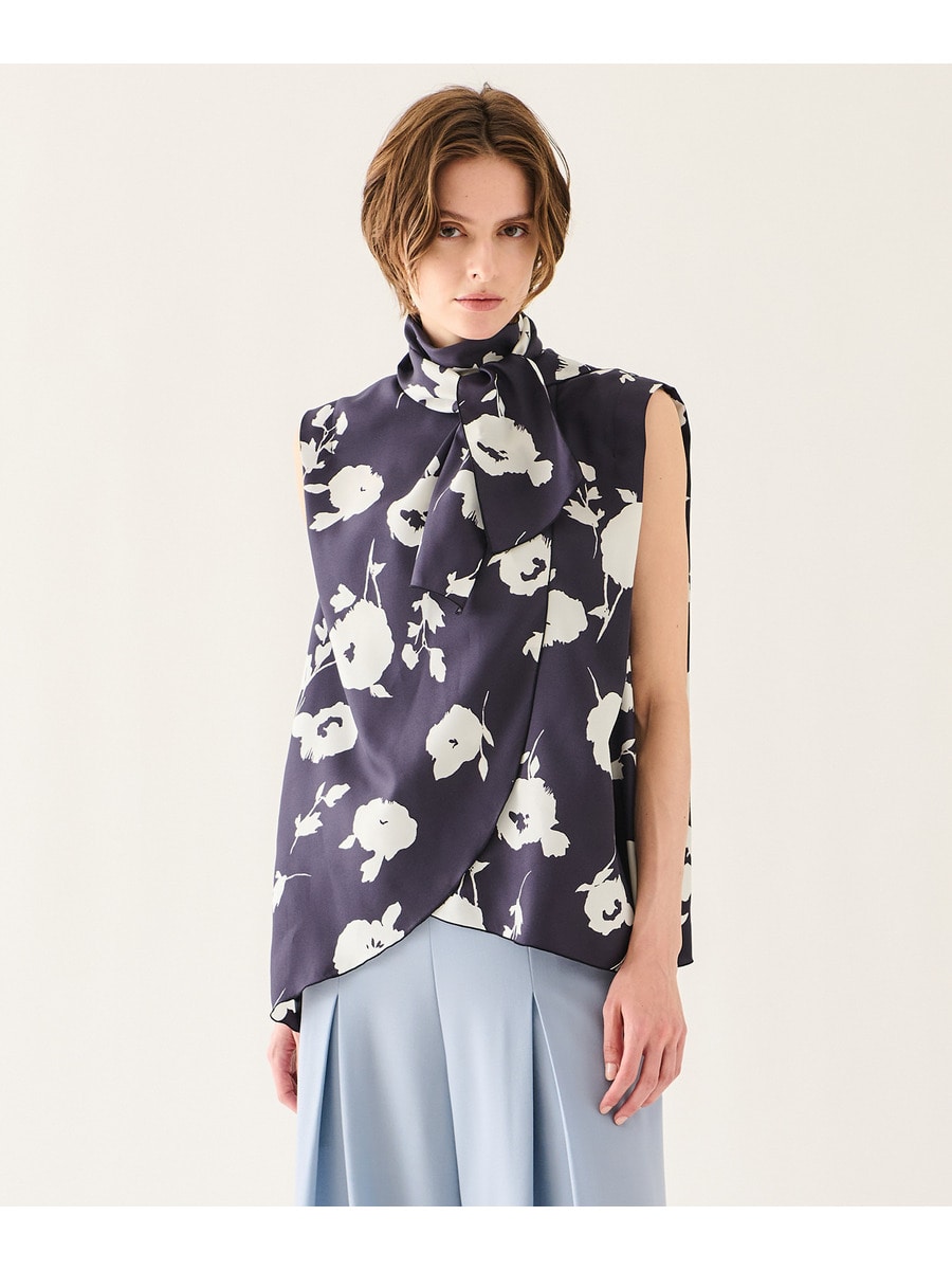 バイカラー フラワープリントタイブラウス