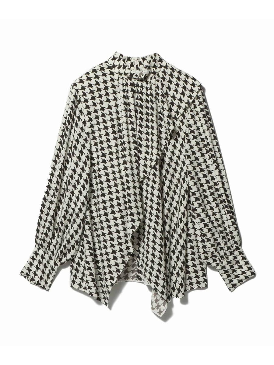ハウンドトゥース アシンメトリーフレアブラウス