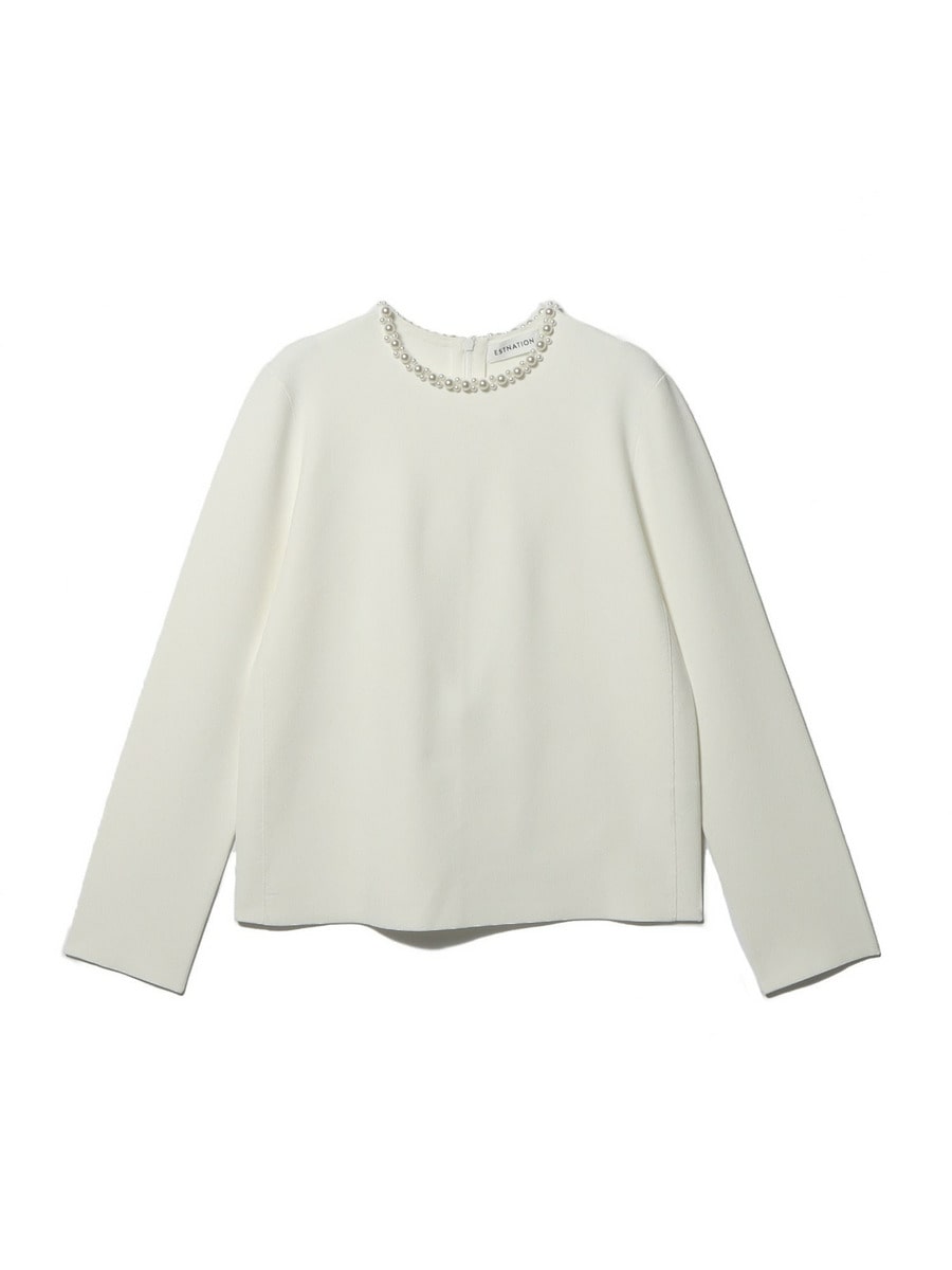 美品✨エストネーション ESTNATION パールネック ペプラムニット 黒 ESTNATION（エストネーション）の「ESTNATION / ぺプラムニット