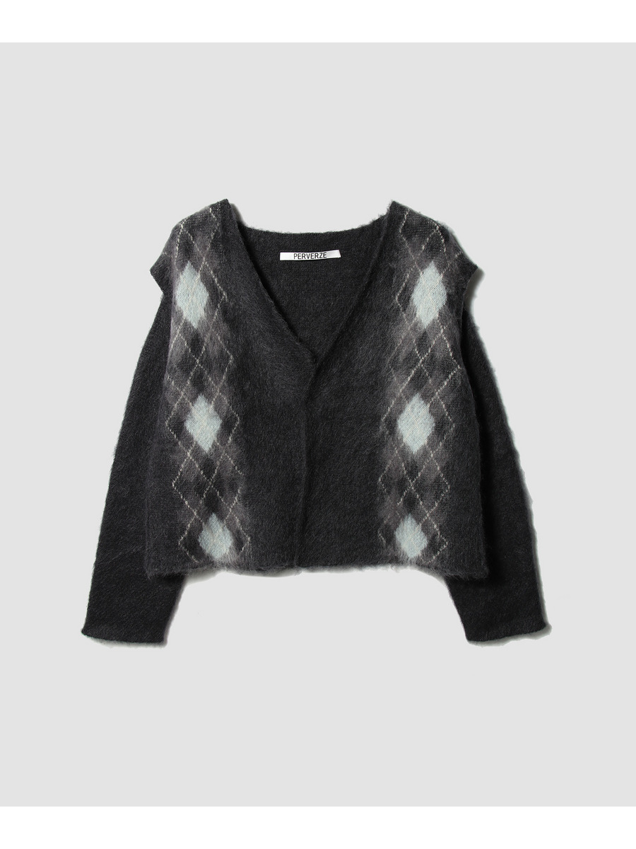 Wide Slit Argyle Line Cardigan