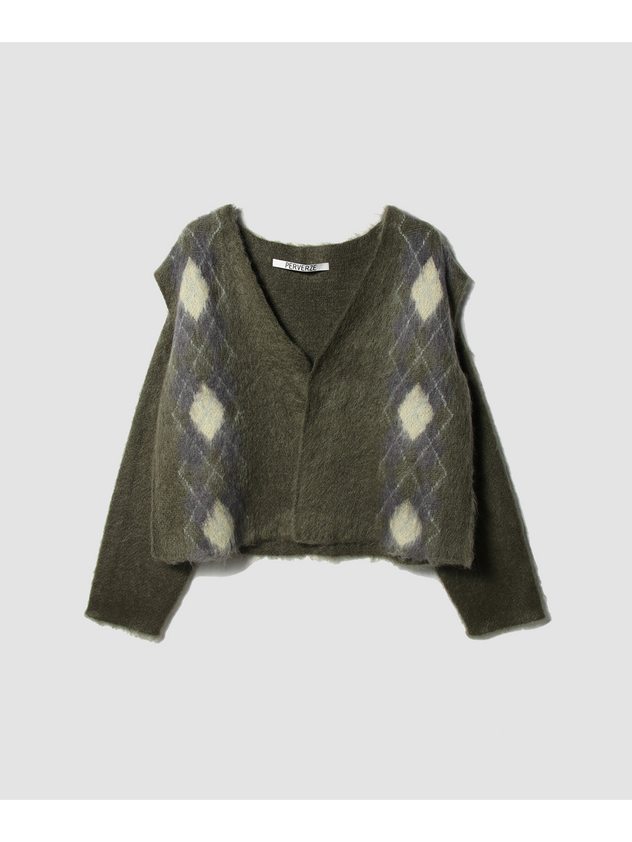 Wide Slit Argyle Line Cardigan